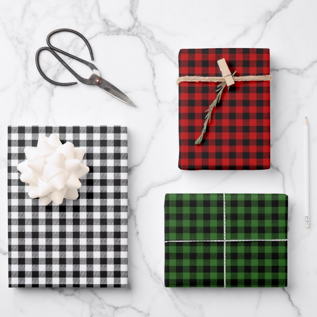 Rustic Lumberjack Plaid Red Green Black White Wrapping Paper Sheet (Front)