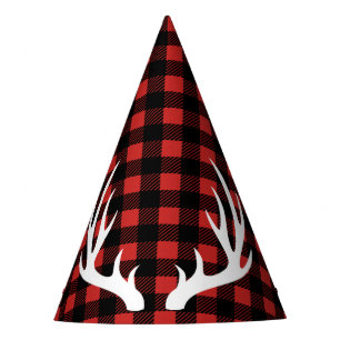 Rustic Lumberjack Plaid & White Deer Antlers Party Hat