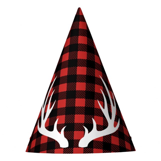 Rustic Lumberjack Plaid & White Deer Antlers Party Hat (Front)