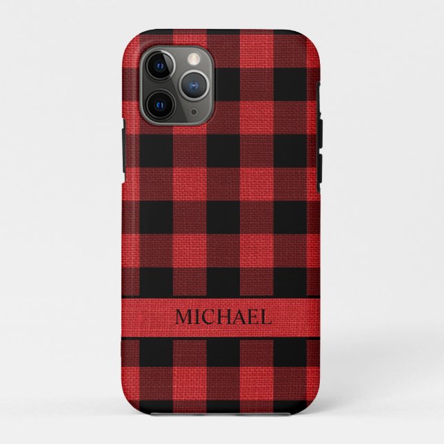 Rustic Lumberjack Red Black Buffalo Check Name Case-Mate iPhone Case (Back)