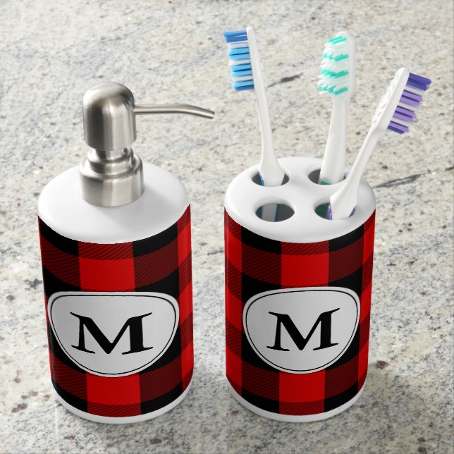 Rustic Lumberjack Red Black Buffalo Plaid Monogram Bathroom Set (Front)