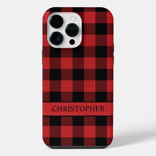 Rustic Lumberjack Red Black Buffalo Plaid Name iPhone Case (Back)