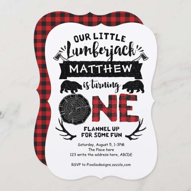 Rustic, Lumberjack, Woodland, Boy, First Birthday Invitation (Front/Back)
