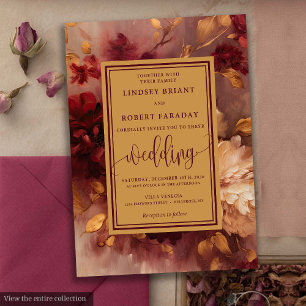 Rustic Lux Deep Red Gold Roses Wedding Invitation