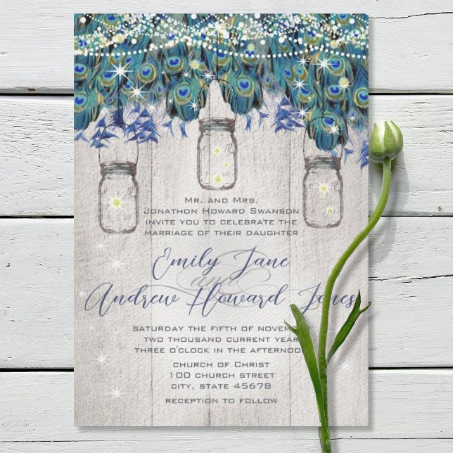 Rustic Luxe Mason Jar Navy Turquoise Peacock Invitation (Creator Uploaded)