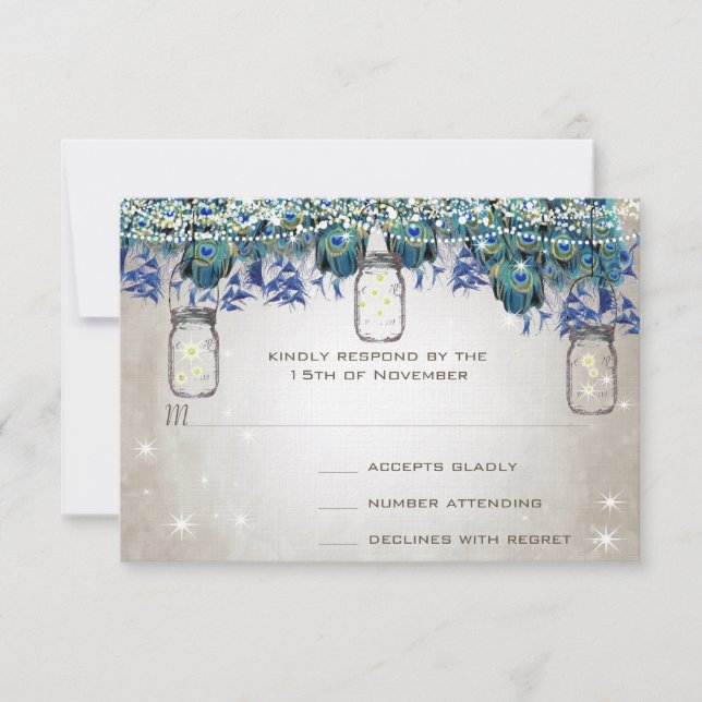 Rustic Luxe Mason Jar Navy Turquoise Peacock RSVP Card (Front)