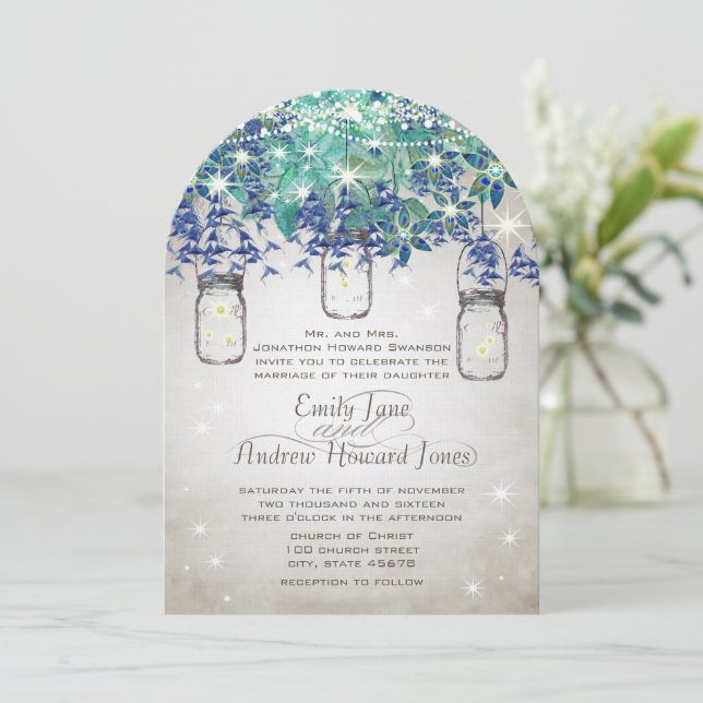 Rustic Luxe Navy and Turquoise Mason Jar Invitation (Standing Front)