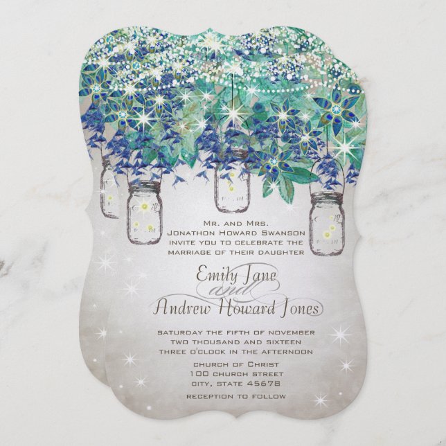 Rustic Luxe Navy and Turquoise Mason Jar Invitation (Front/Back)