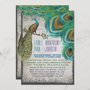Rustic Luxe Peacock Vintage Feathers Invitation