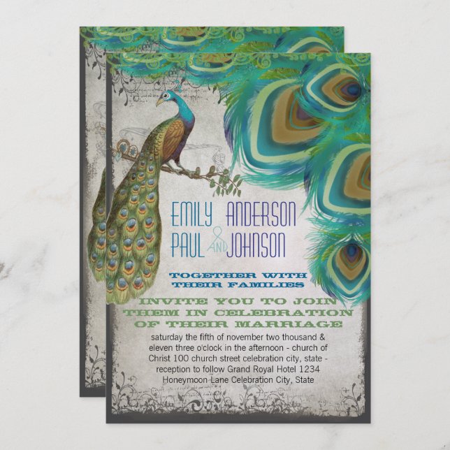 Rustic Luxe Peacock Vintage Feathers Invitation (Front/Back)