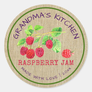 Rustic Made with Love Burlap Raspberry Jam Classic Round Sticker
