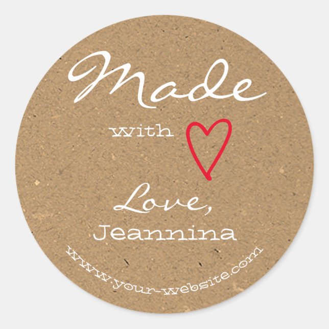 Rustic Made with Love Red Heart Symbol Kraft Paper Classic Round Sticker (Front)