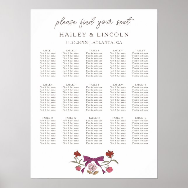Rustic Magenta Bow Floral Wedding Seating Chart (Front)