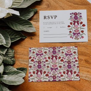 Rustic Magenta Bows and Flowers Wedding RSVP Card