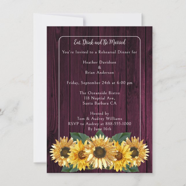 Rustic Magenta Sunflower Rehearsal Dinner Invitation (Front)