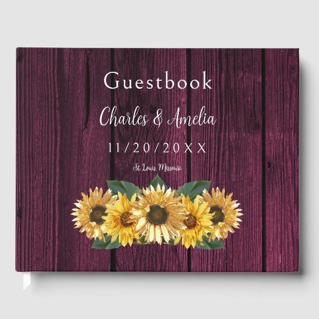 Rustic Magenta Sunflower Wedding Guest Book (Front)