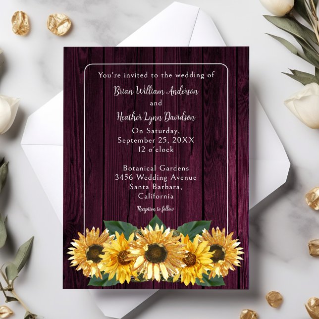 Rustic Magenta Sunflower Wedding Invitation (Magenta Rustic Sunflower Wedding Invitation)