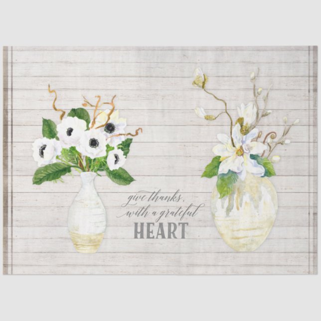 Rustic Magnolia White Floral Farmhouse Leaf Wood Tissue Paper (Front)