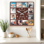 Rustic Mahogany Wood Farmhouse 12 Photo Collage Square Wall Clock<br><div class="desc">Rustic Mahogany Barn Wood Farmhouse 12 Photo Collage Square Wall Clock. Large beautiful rustic white barn vintage wood personalised family name year established wall decor clock. The perfect country wooden plank look for any home or kitchen.</div>