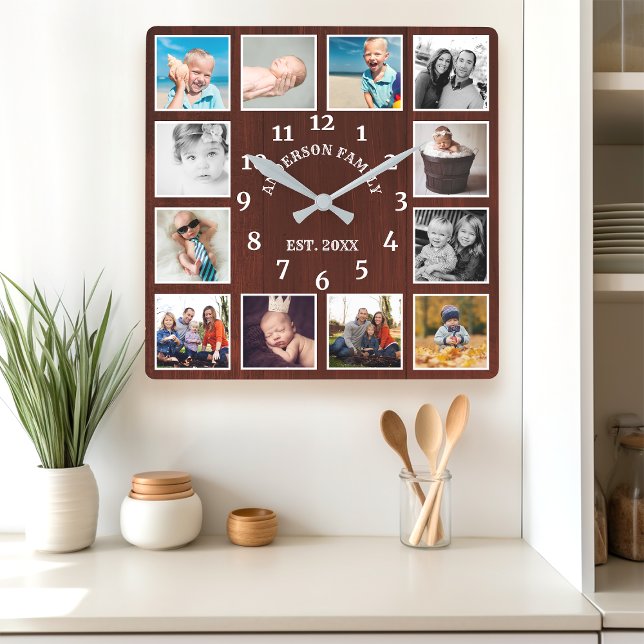 Rustic Mahogany Wood Farmhouse 12 Photo Collage Square Wall Clock (Creator Uploaded)