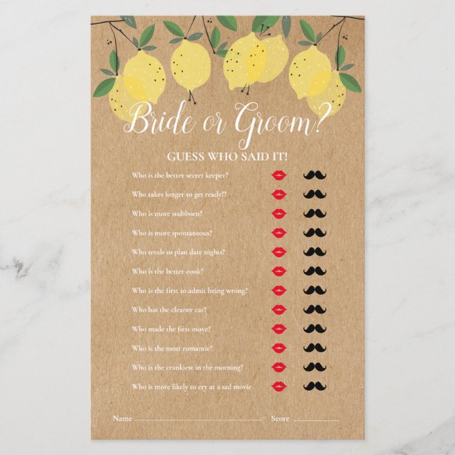 Rustic Main Squeeze Guess Who Bridal Shower Game (Front)