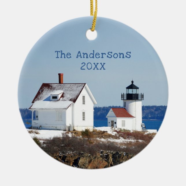 Rustic Maine Ocean Lighthouse Ceramic Tree Decoration (Front)