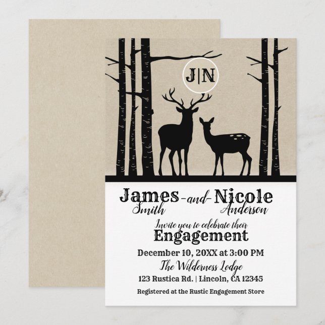 Rustic Male Female Doe Deer Black Birch Engagement Invitation (Front/Back)