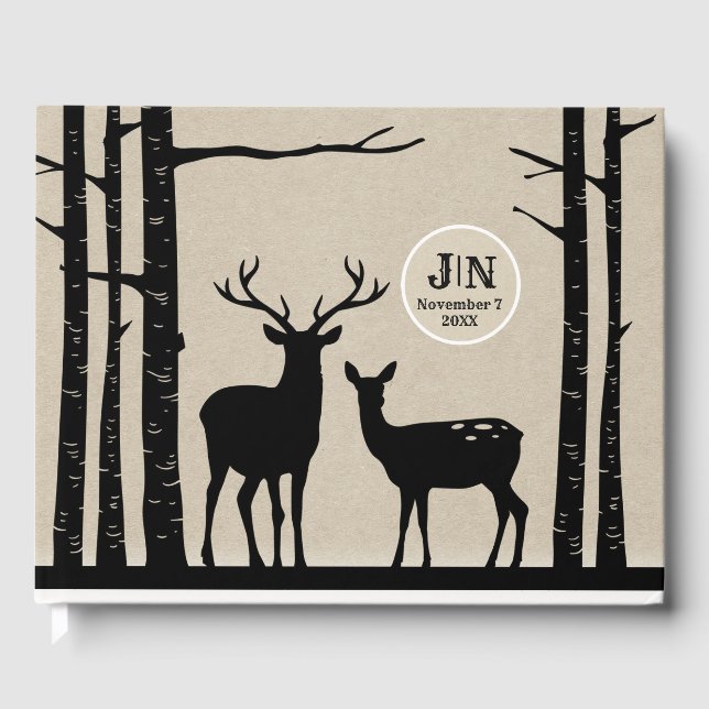 Rustic Male & Female Doe Deer Black Birch Wedding Guest Book (Front)