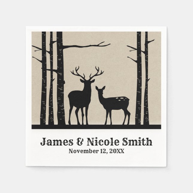 Rustic Male Female Doe Deer Black Birch Wedding Napkin (Front)