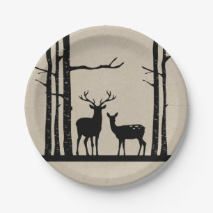 Rustic Male Female Doe Deer Black Birch Wedding Paper Plate