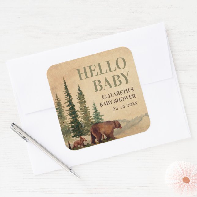 Rustic Mama & Baby Bear Baby Shower Square Sticker (Envelope)