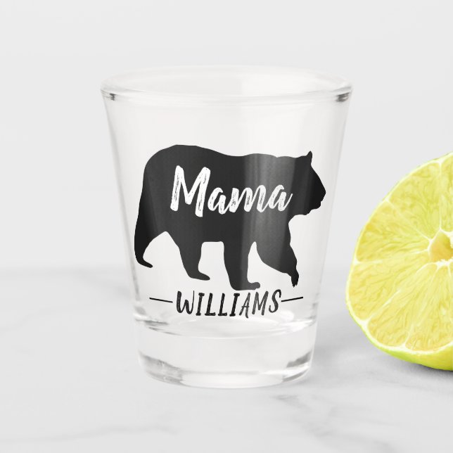 Rustic Mama Bear Monogram Family Name Shot Glass (Front)
