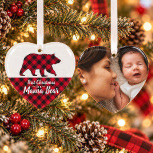 Rustic Mama Bear Red Buffalo Plaid Photo Ornament