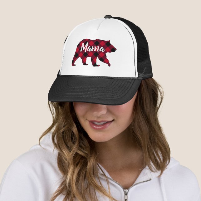 Rustic Mama Bear Red Buffalo Plaid Trucker Hat (In Situ)