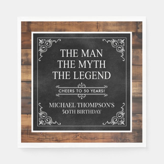 Rustic Man Myth Legend 50th Birthday Black  Napkin (Front)