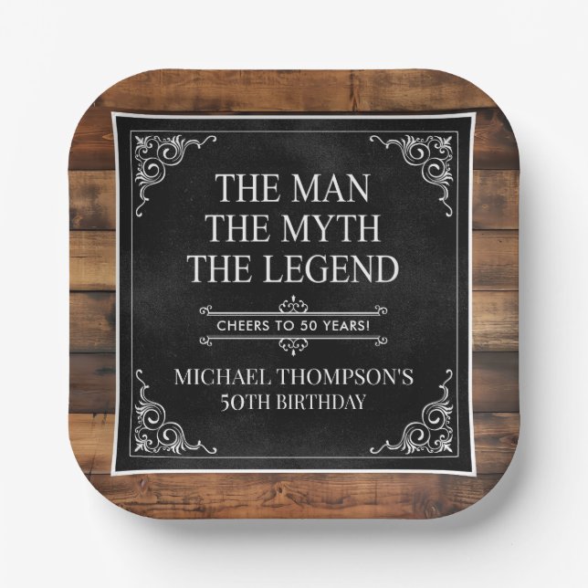 Rustic Man Myth Legend 50th Birthday Black  Paper Plate (Front)