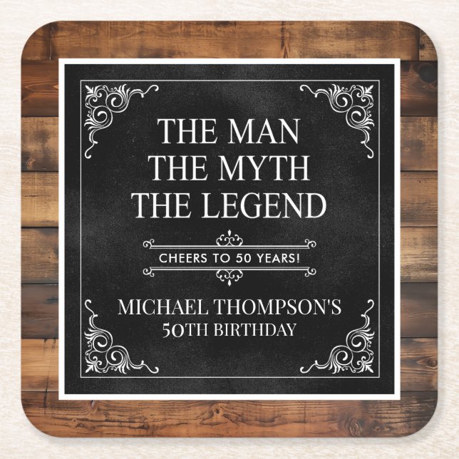 Rustic Man Myth Legend 50th Birthday Black Square Paper Coaster (Front)