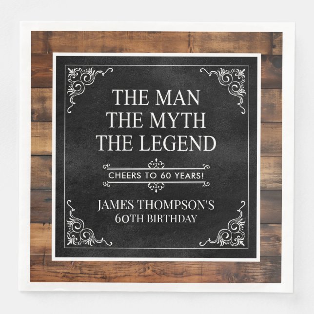 Rustic Man Myth Legend 60th Birthday Black  Napkin (Front)
