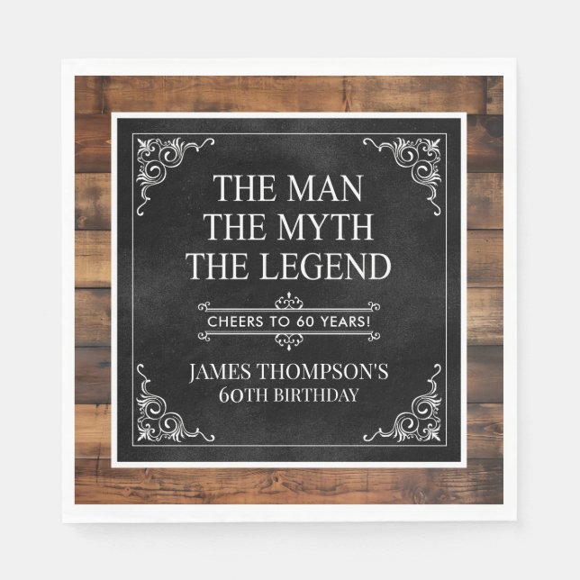 Rustic Man Myth Legend 60th Birthday Black  Napkin (Front)