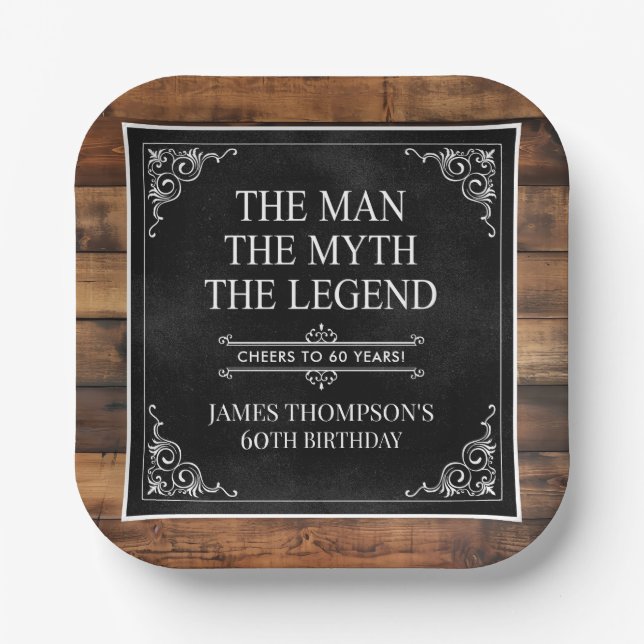 Rustic Man Myth Legend 60th Birthday Black  Paper Plate (Front)