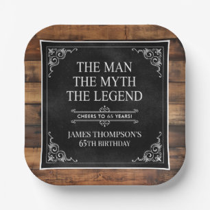 Rustic Man Myth Legend 65th Birthday Black  Paper Plate