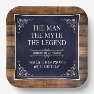 Rustic Man Myth Legend 65th Birthday Navy Blue  Paper Plate