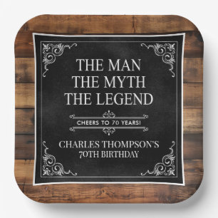 Rustic Man Myth Legend 70th Birthday Black  Paper Plate