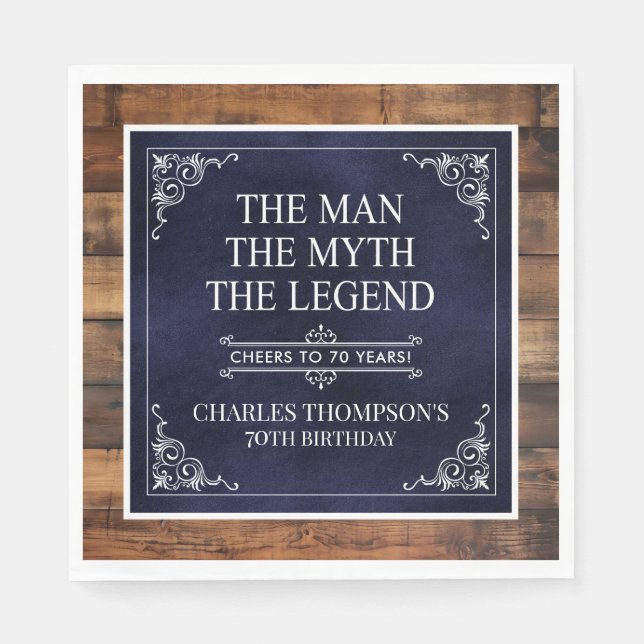 Rustic Man Myth Legend 70th Birthday Navy Blue  Napkin (Front)