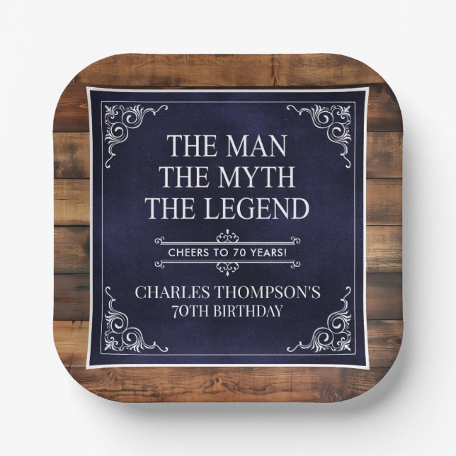 Rustic Man Myth Legend 70th Birthday Navy Blue  Paper Plate (Front)