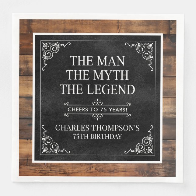Rustic Man Myth Legend 75th Birthday Black  Napkin (Front)