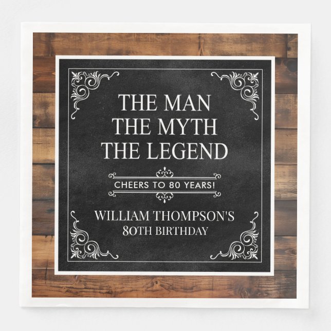 Rustic Man Myth Legend 80th Birthday Black  Napkin (Front)
