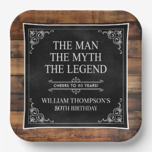 Rustic Man Myth Legend 80th Birthday Black  Paper Plate