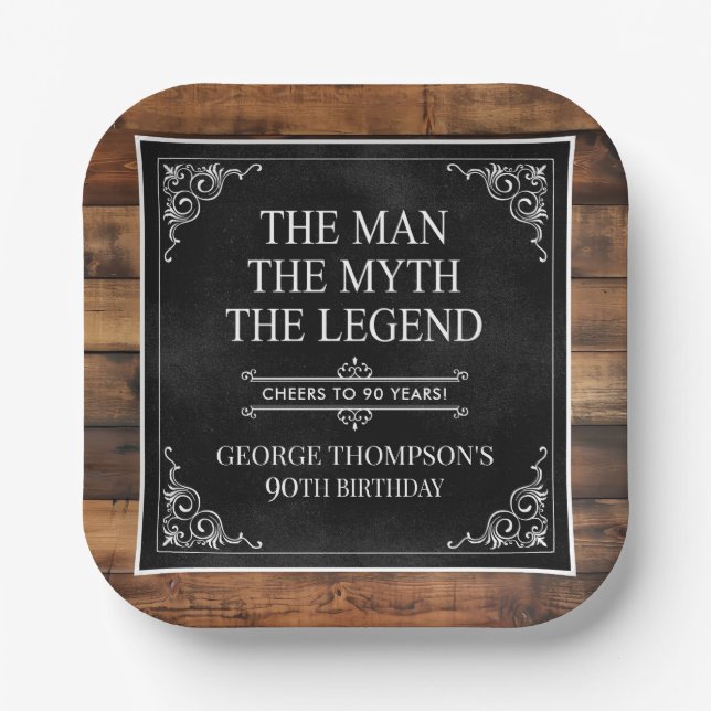 Rustic Man Myth Legend 90th Birthday Black  Paper Plate (Front)