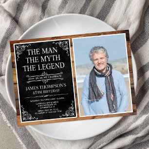 Rustic Man Myth Legend Black 65th Birthday Photo Invitation